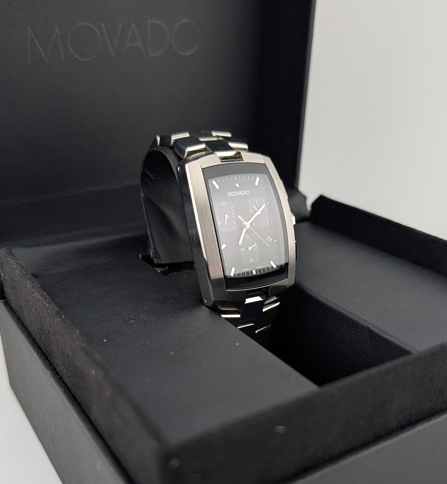 Movado Mens Eliro Chronograph SS W/Tonneau Barrel/Blk Dial #84.H1.1450~Exquisite