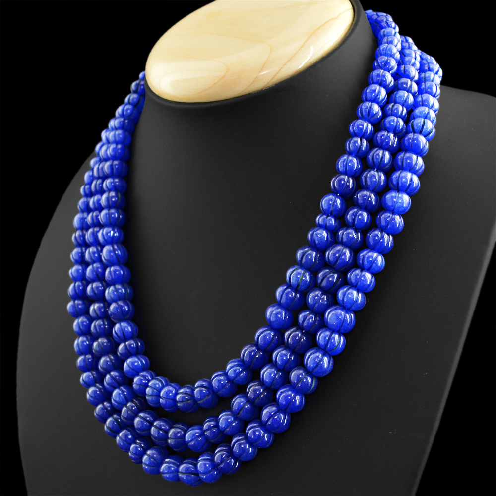 738.50 CTS ENHANCEDSAPPHIRE 3 STRAND ROUND CARVED BEADS NECKLACE (DG)