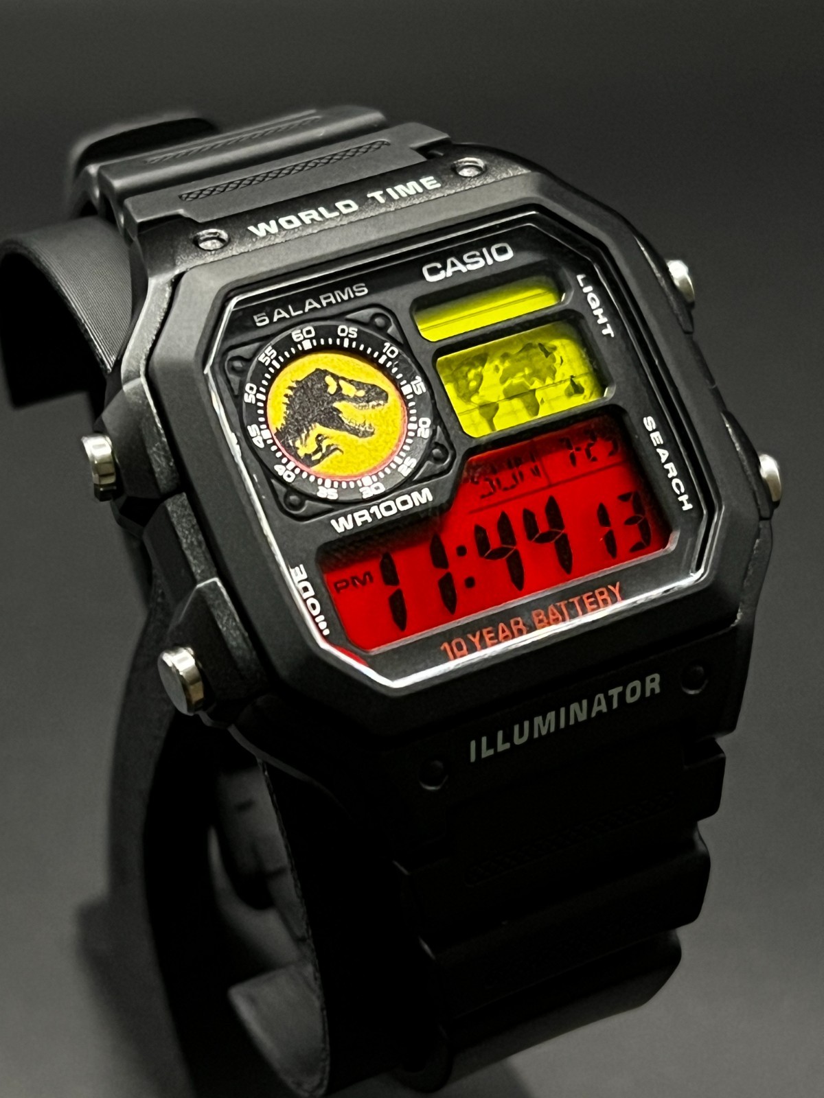 “Jurassic” | 🦖🔴🟡 | Custom CASIO AE-1200WHD | World Time | Royale | Watch MOD