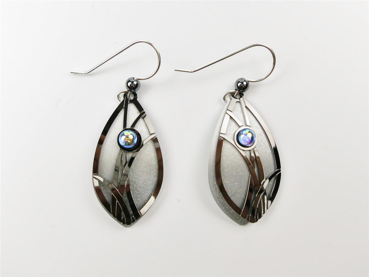 Adajio Gray & White Marquise Black ‘Grasses’ Overlay Earrings Handmade USA 7551