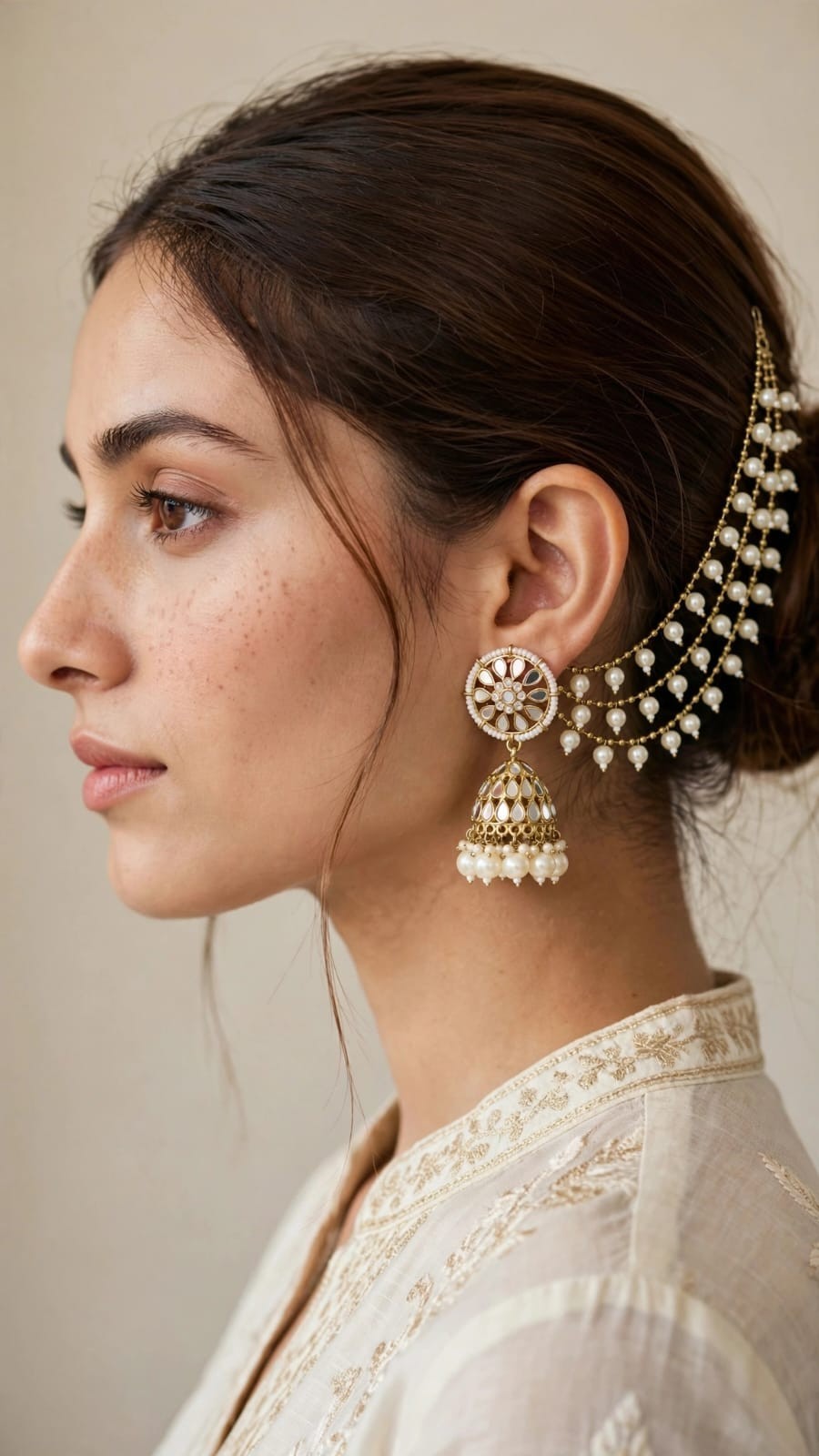 Traditional Kundan Pearl Jhumka Earrings Gold Plated Ear Chain Statement Earring