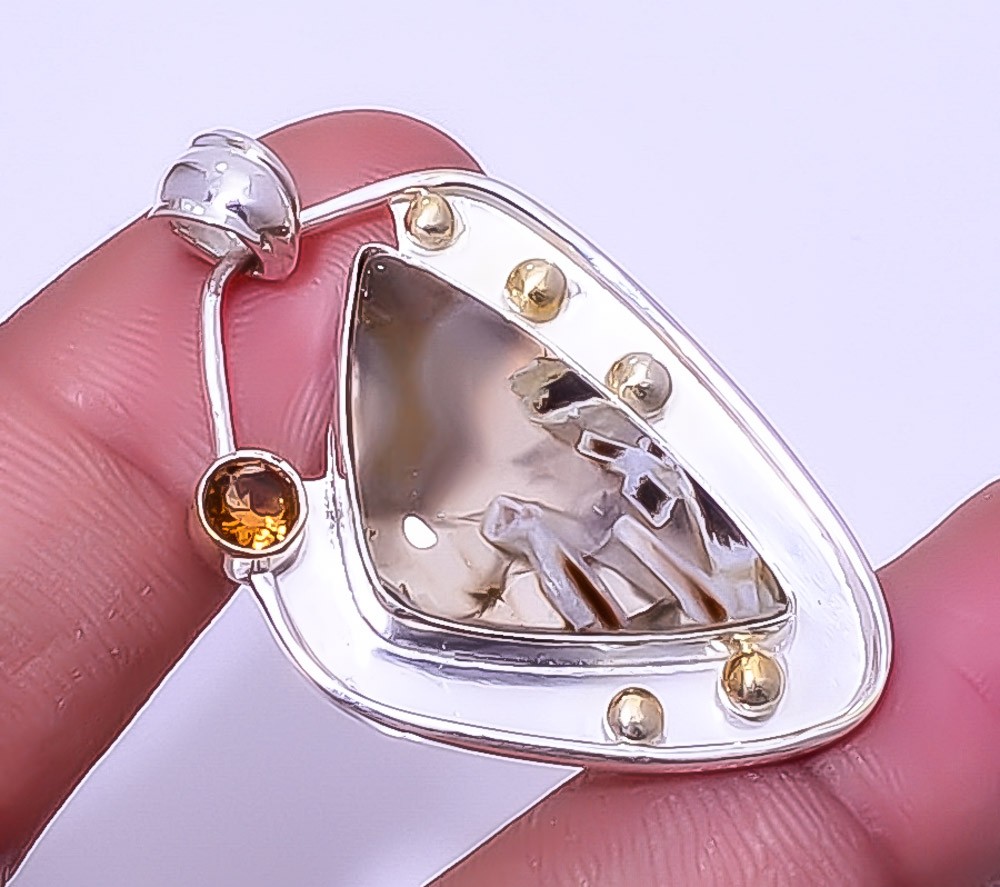 Stick Agate & Smoky Quartz 925 Sterling Silver Two Tone Pendant 1.76″ A330