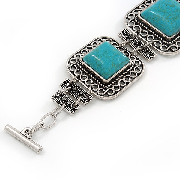 Vintage Turquoise Stone Square Filigree Bracelet With Toggle Clasp -18cm Length