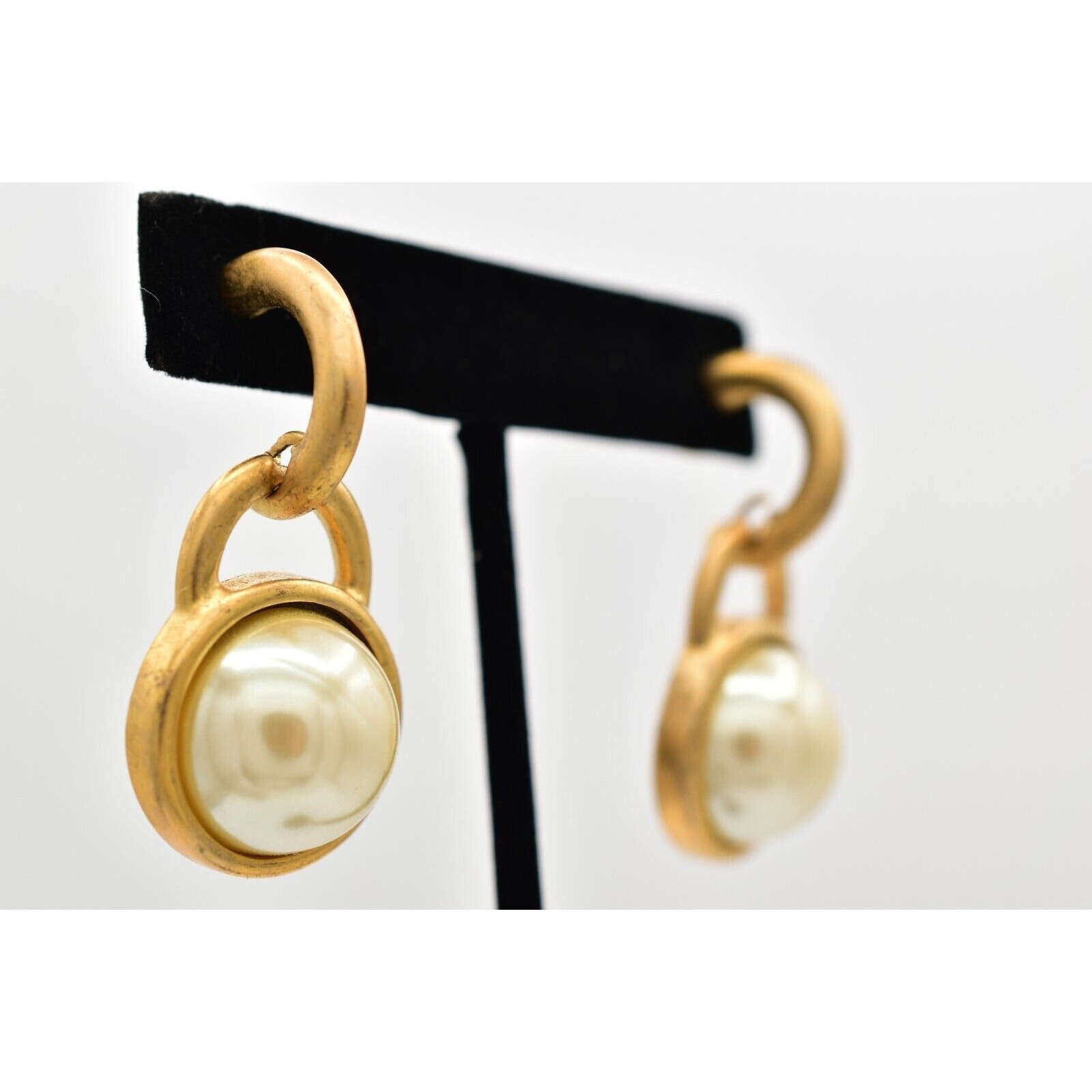 Vintage Pearl Drop Earrings Dangle Brushed Gold Matte Post Chunky NOS 1980s A23