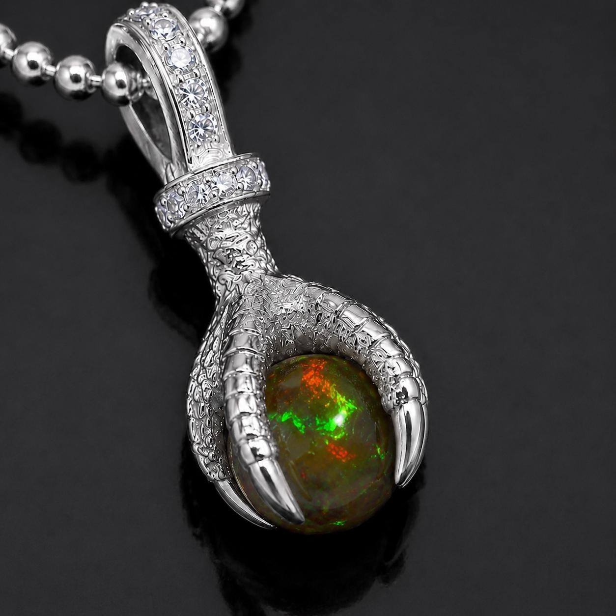 Natural Black Opal Sphere Pendant 925 Sterling Silver White Moissanite Claw