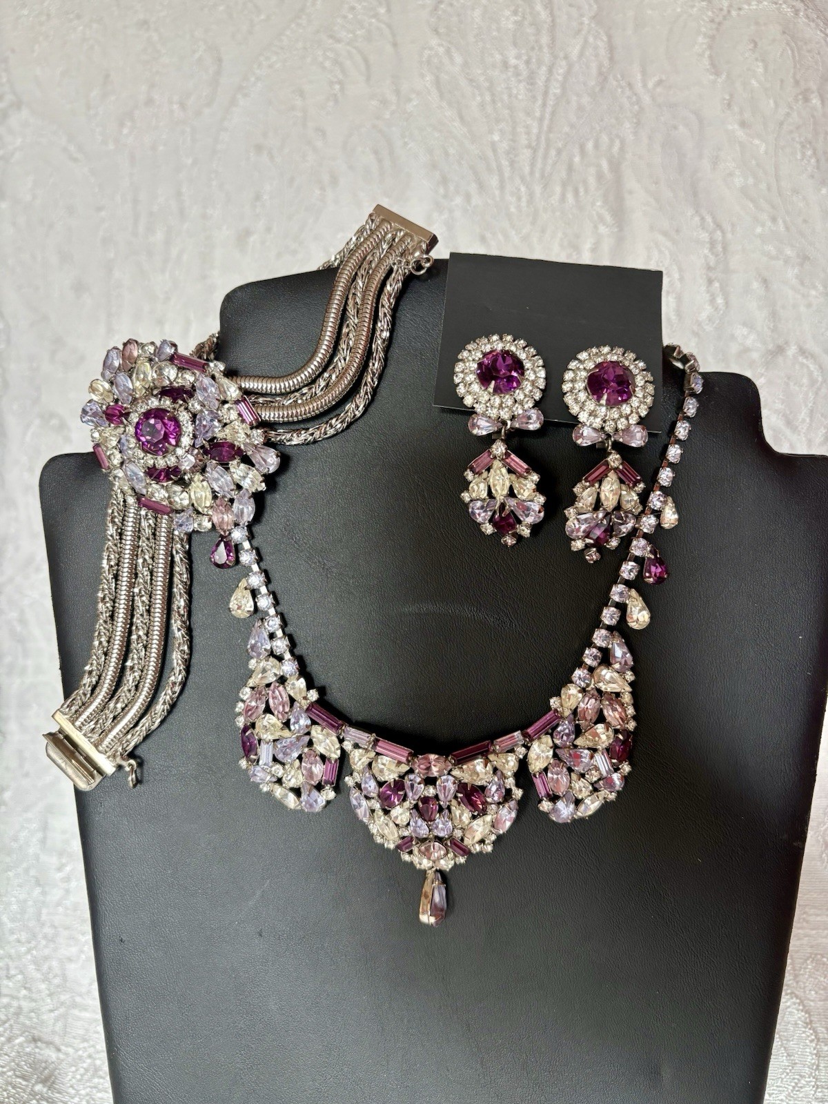 Vintage Signed Hobe’ Parure Amethyst Rhinestone Necklace Bracelet Earrings RARE
