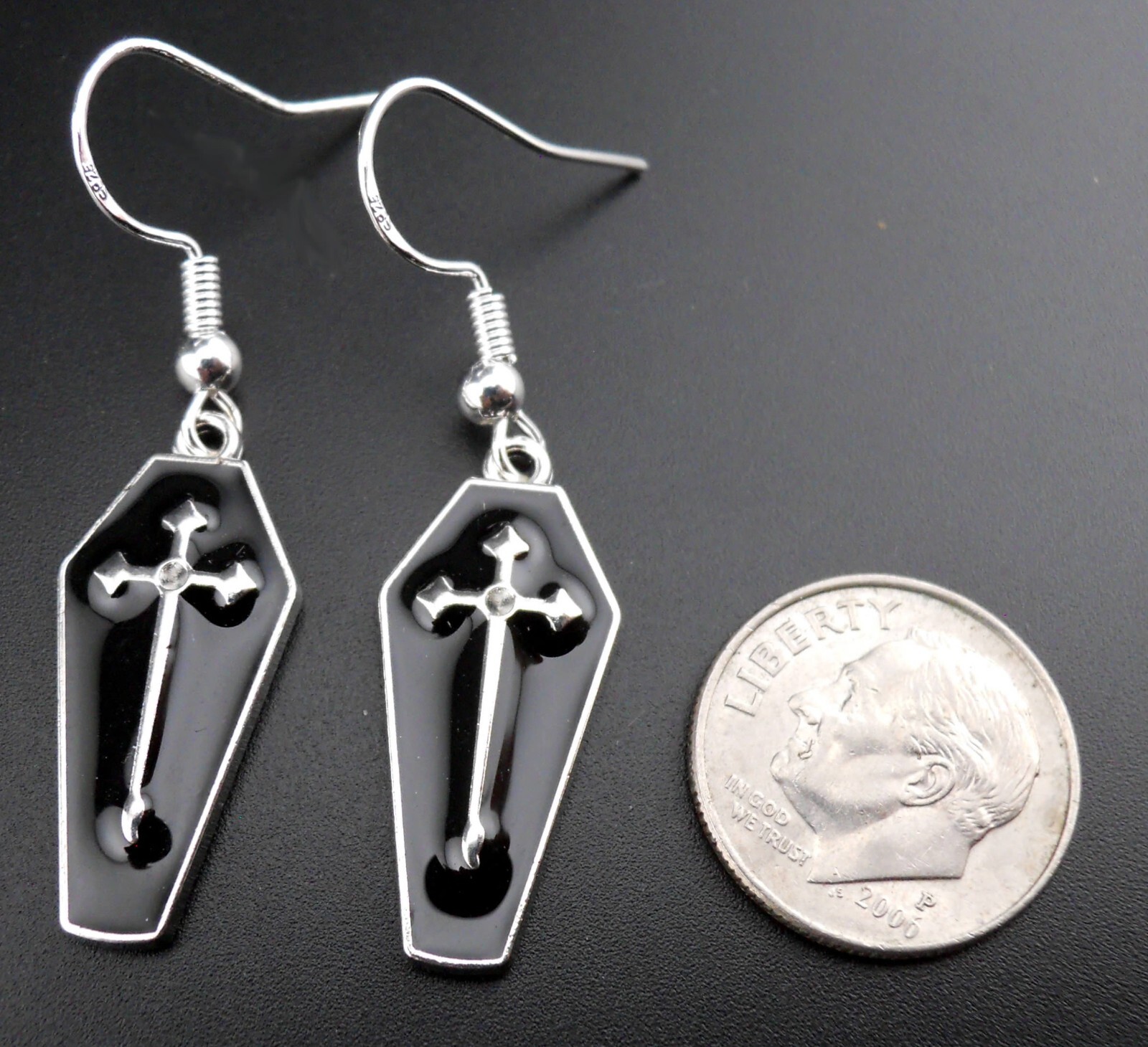 Coffin Earrings Sterling Silver Ear Wires Black Enamel Cross Casket Earrings New