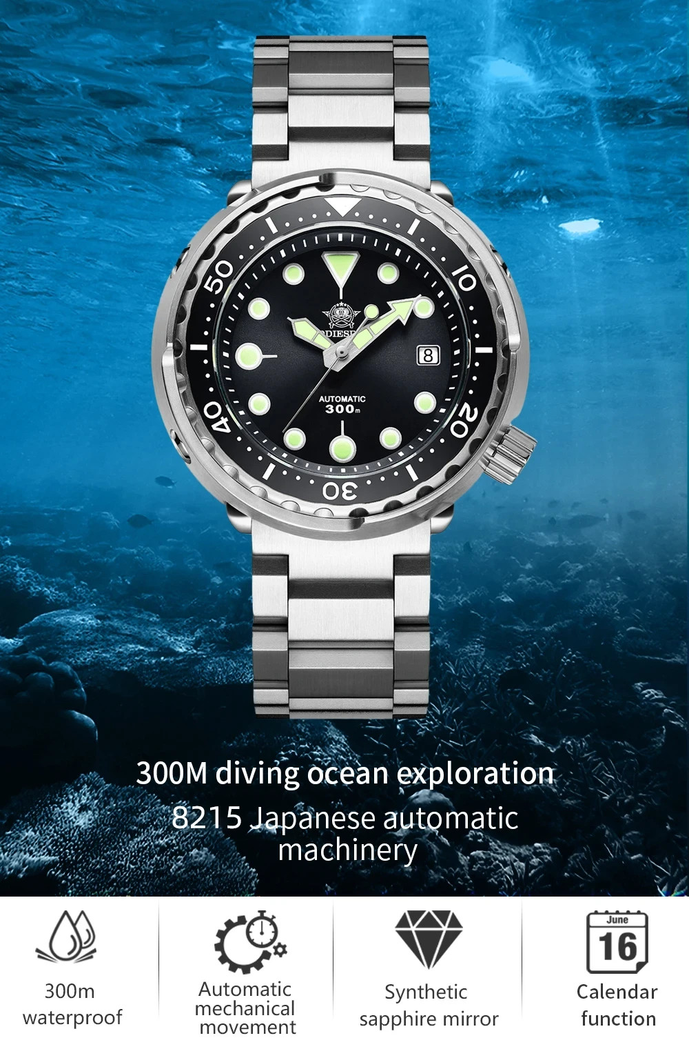 44MM ADDIESDIVE Tuna Automatic 8215 Men’s 300M Stainless NEW box/papers