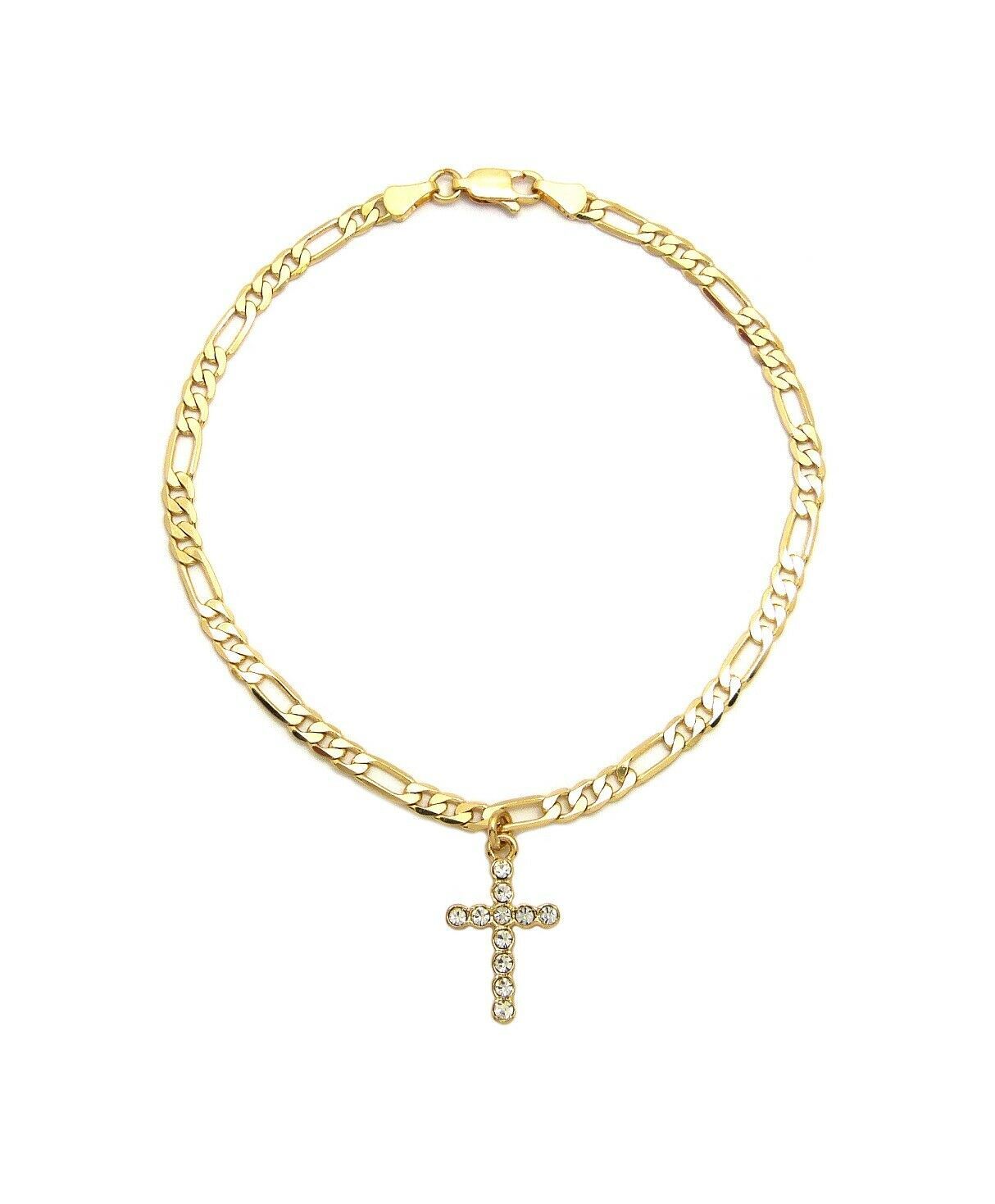GOLD PLATED CUBIC ZIRCONIA CROSS 3mm 10″ FIGARO CHAIN FASHION ANKLET BRACELET