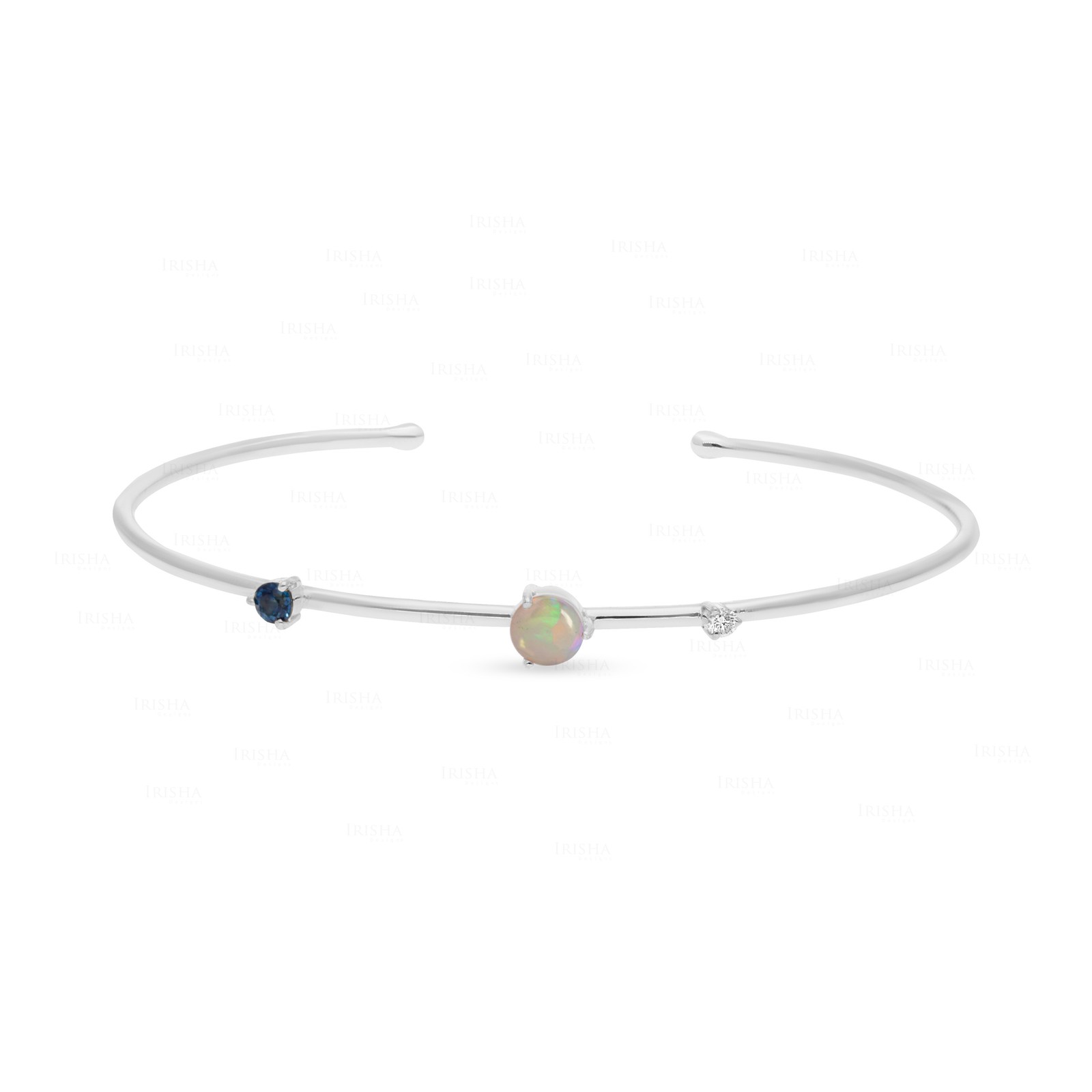 14K Gold Diamond & Blue Sapphire Open Cuff Bracelet, Customizable Center Stone