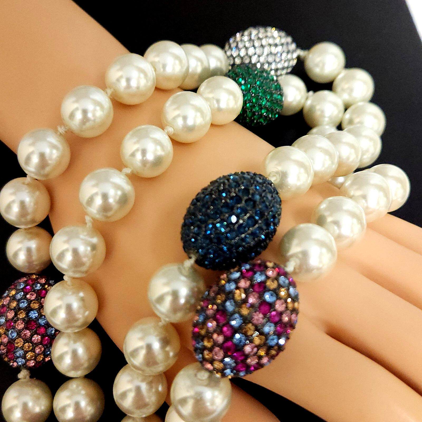 NWT Joan Boyce Faux Pearl Egg Shape Pave Set Rhinestone Spacer Long Necklace 44″