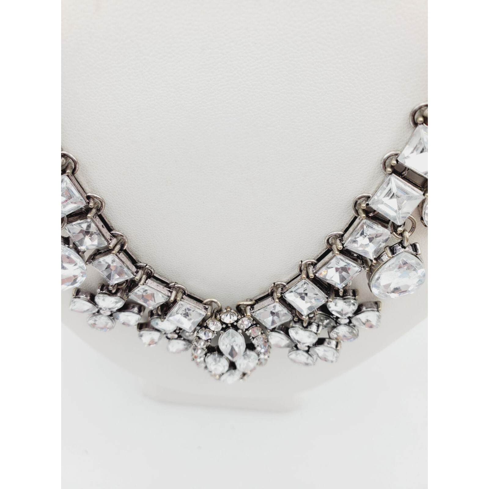 Statement silver tone Rhinestone flower square tear drop pear Necklace 18″