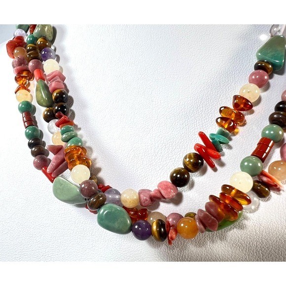 Vintage Sterling Semi Precious Gem Necklace 3 Strand Polished Natural Beads