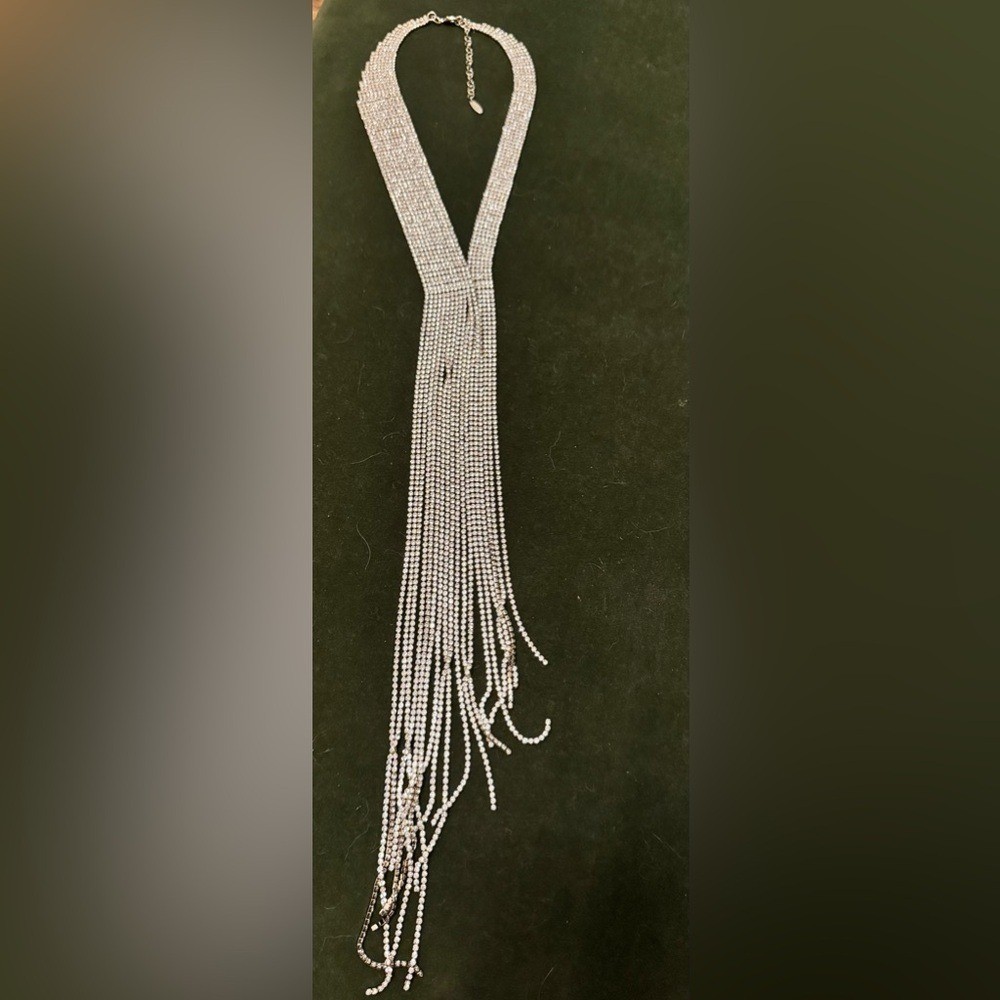 Anthropologie Silver Rhinestone Fringe Statement Necklace NWOT