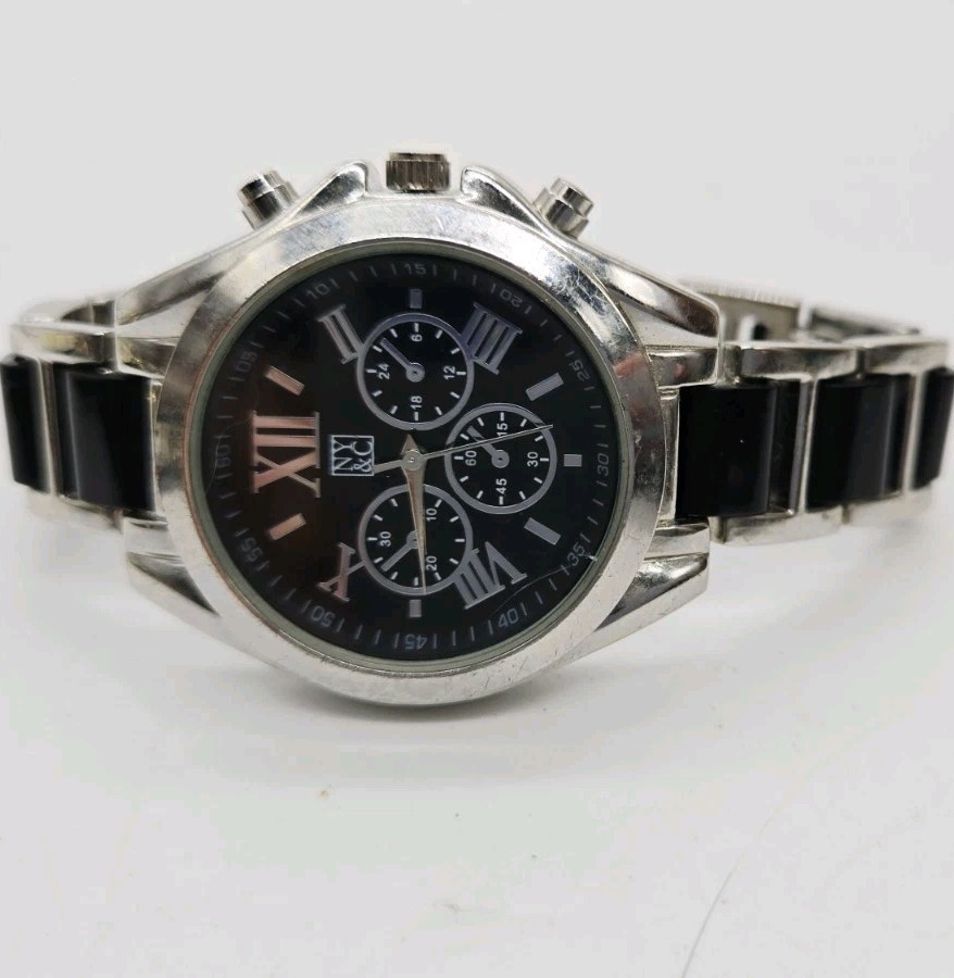 NY&C Watch Bracelet Band Black Silver Quartz Analog Women’s New Battery 7.5 in
