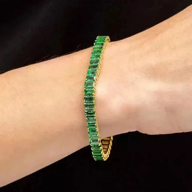Emerald Cut Lab-Created Emerald Men’s Tennis Bracelet 14K Yellow Gold Plated
