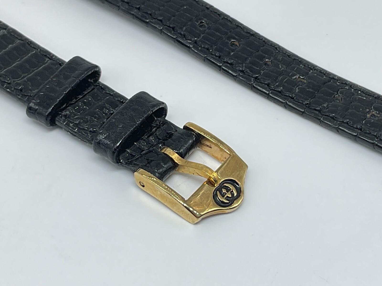 NOS 13MM GENUINE GUCCI BLACK PETITE LEATHER STRAP BAND LIZARD GRAIN YELLOW BUCKL