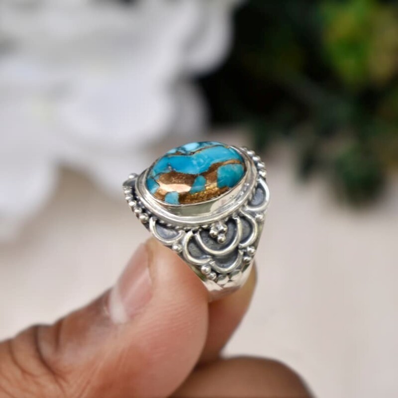 925 Sterling Silver Blue Copper Turquoise Oval shaped 100% GENUINE Ring