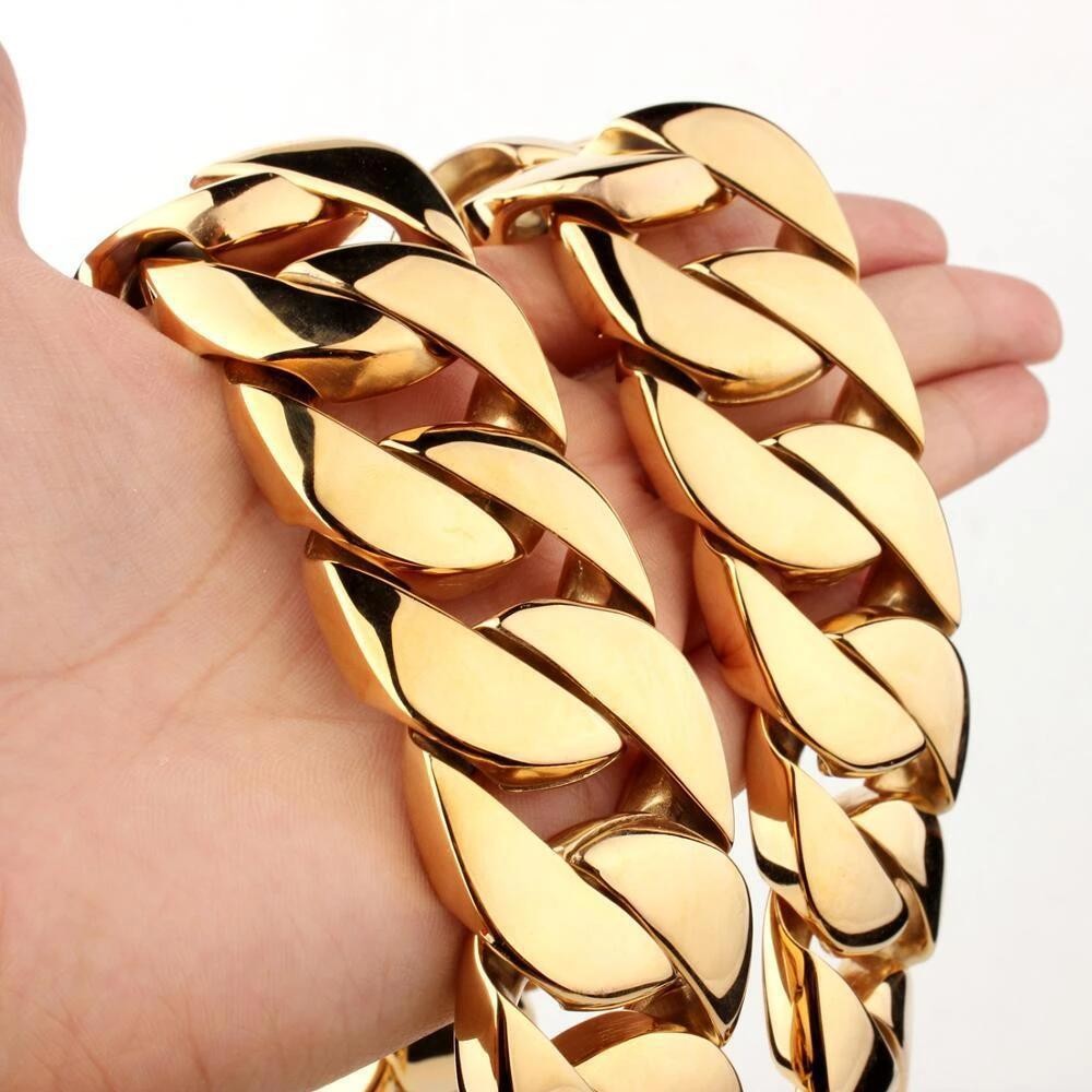 24mm/32mm Stainless Steel Heavy Men’s Gold Tone Curb Cuban Chain Necklace