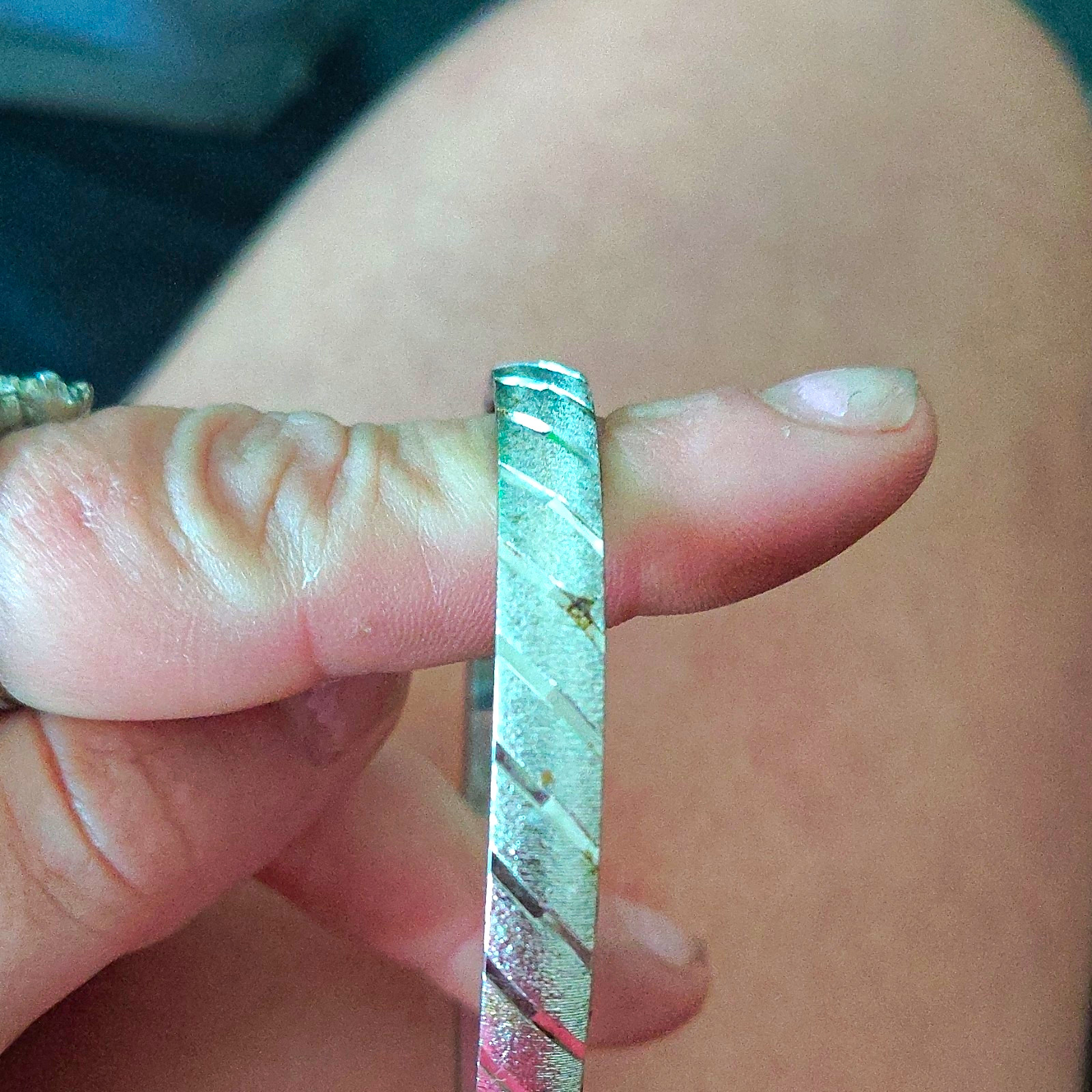 Silver Tone Metal Bangle Bracelet with Diagonal Textured Pattern, No Stone