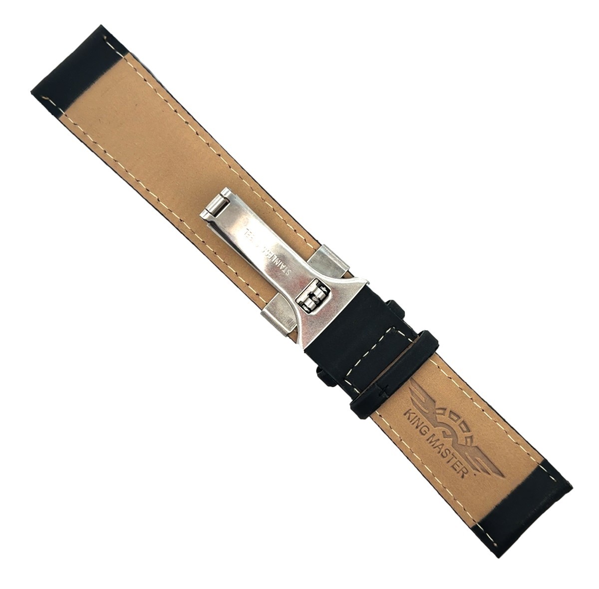 King Master 24mm Black Leather Silver-tone Buckle Watch Band Strap