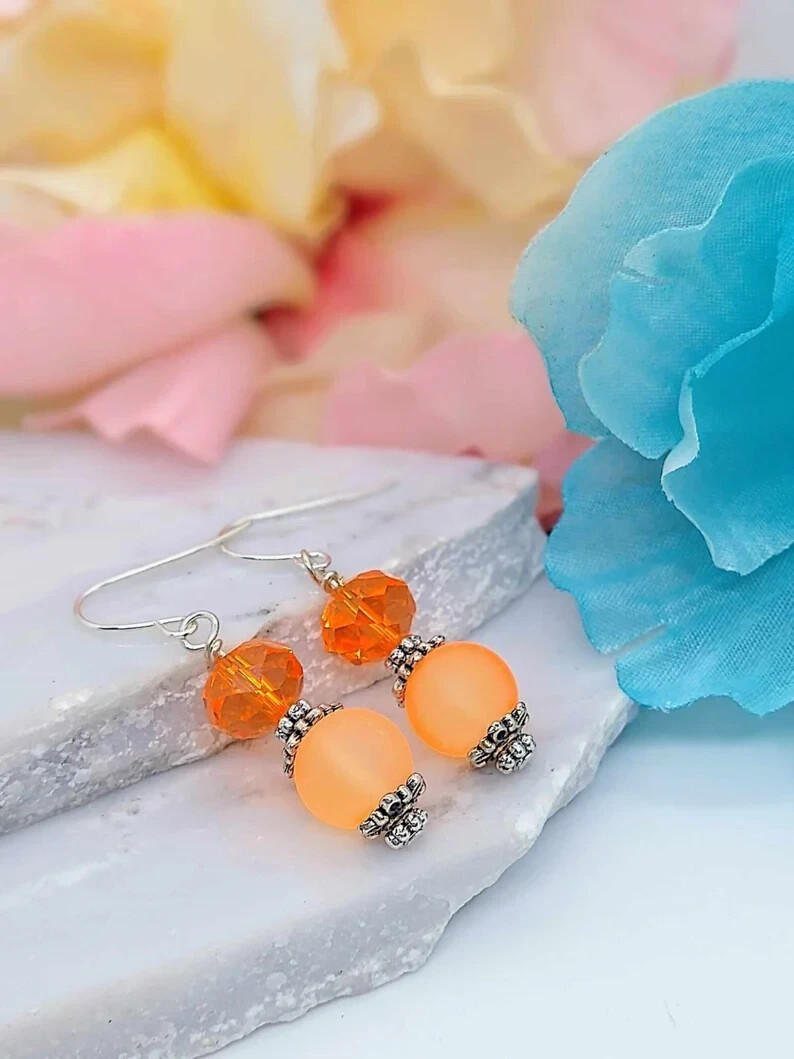 Orange Sea Glass Silver Dangle Earrings-Beach Dangles-Gift For Beach Lover-Gift