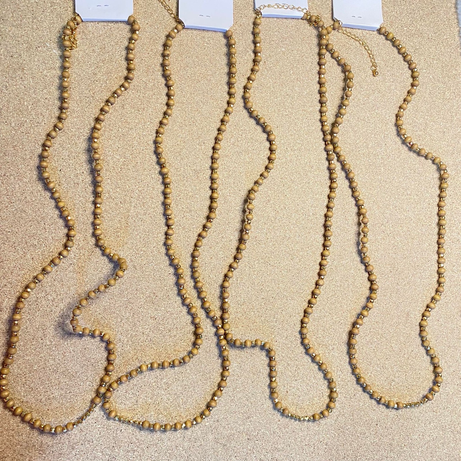 4pcs Approx 30-inches Wooden and Gold Tone Bead Necklace, Jewelry for Women NEW