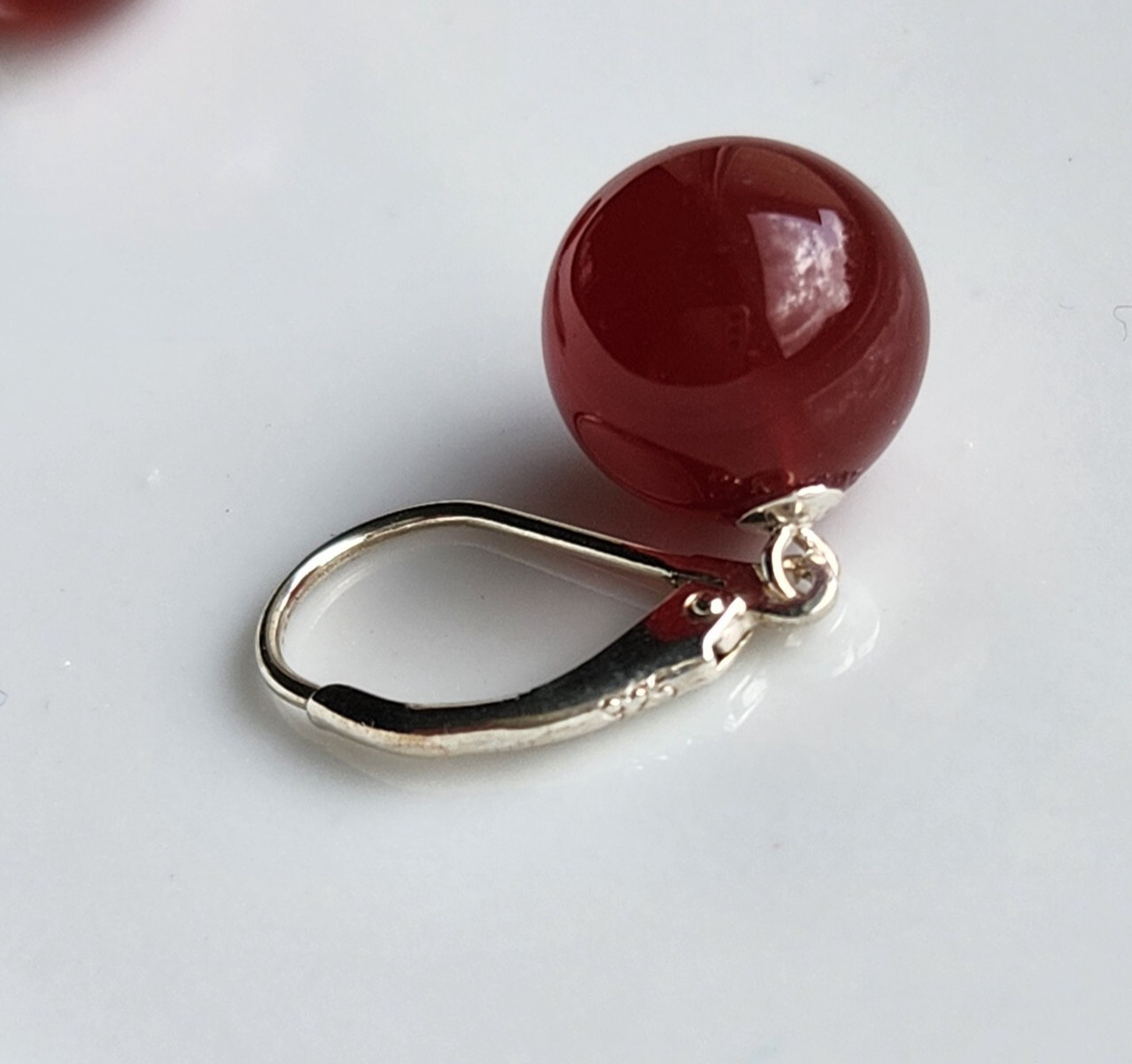 TEAR DROP Round 10.6mm Natural CARNELIAN LEVER BACK 1” EARRINGS 925 Silver
