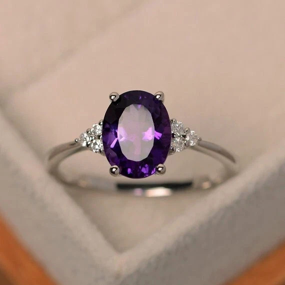 2.15 Ct Oval Cut Natural Amethyst & Diamond Wedding Ring 925 Sterling Silver