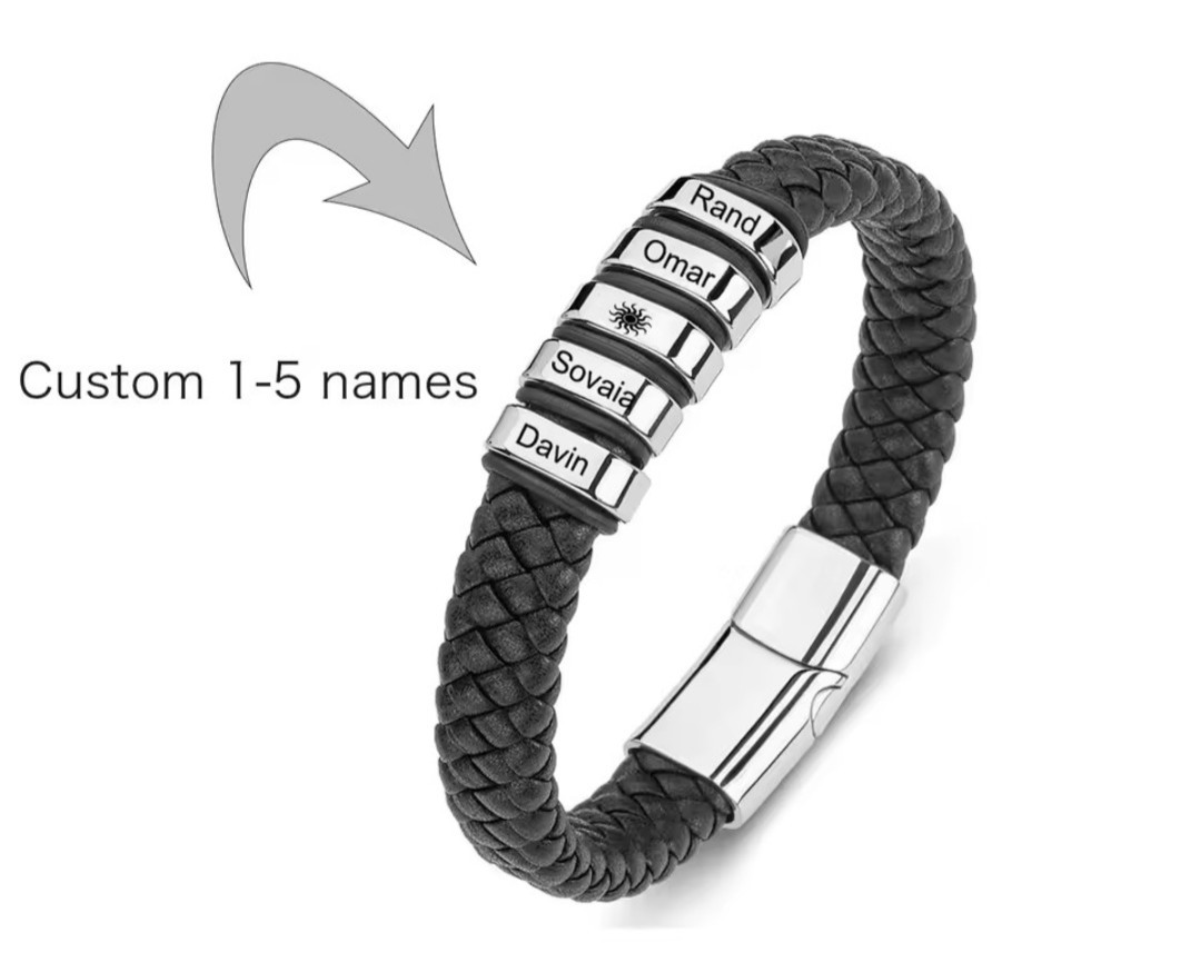 Men’s Genuine Leather Bracelet Stainless Steel Custom Engravings Jewelry