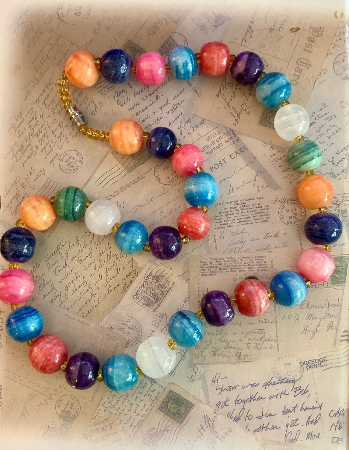 Vintage Chunky Multi Color Striped Banded Marble Stone Bead Necklace