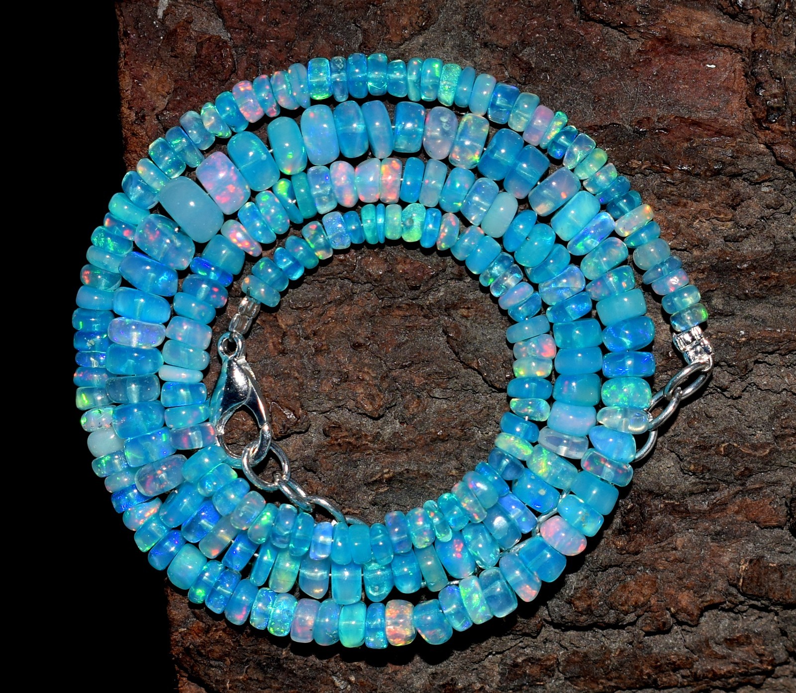 Opal Necklace 16″Natural Ethiopian Blue Opal Wello Fire Opal Gemstone LY01