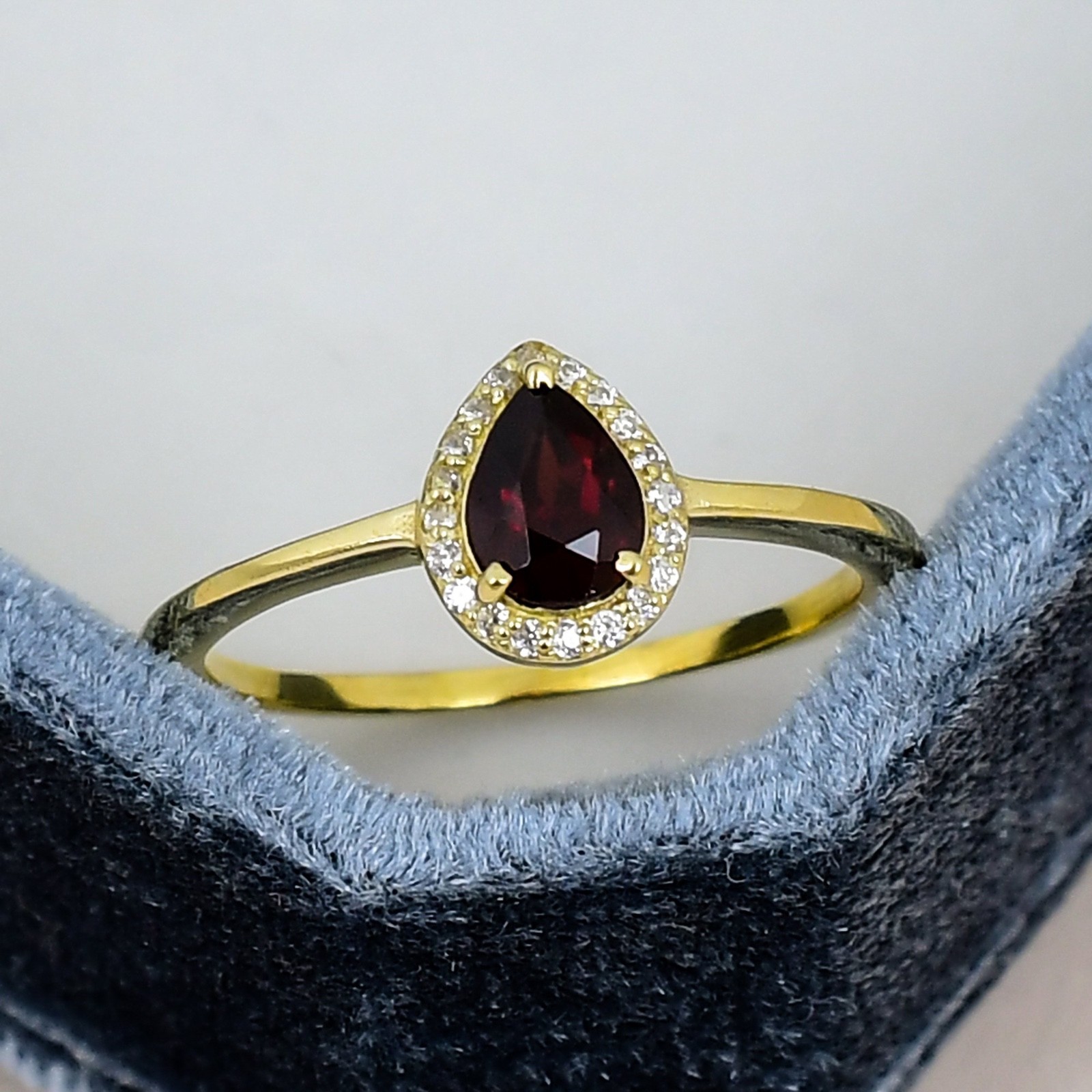 Garnet Pear Halo Ring 5x7mm 18K Gold Plated 925 Silver January Birthstone