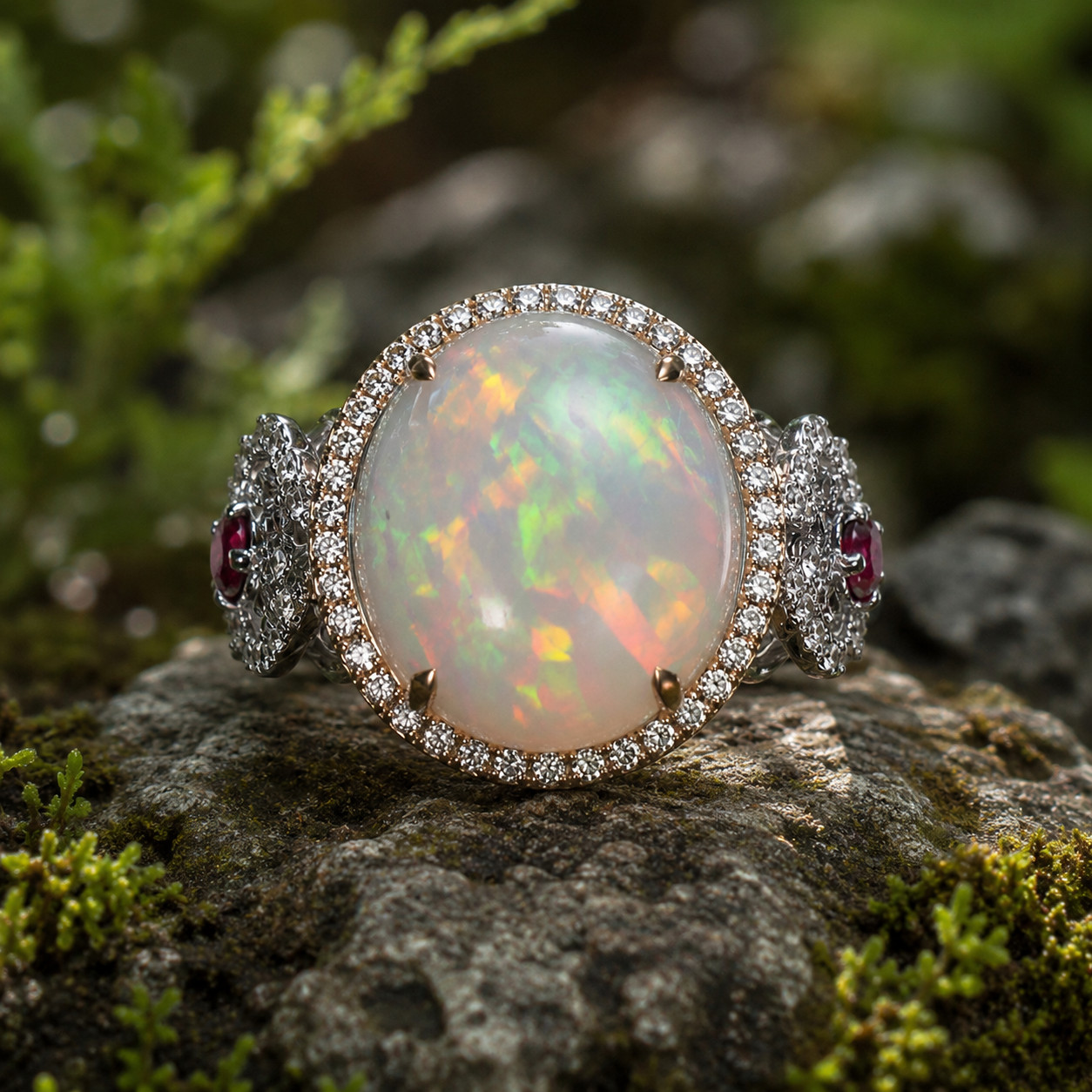 4Ct Oval Cut Lab-Created Fire Opal Halo Engagement Ring 14K White Gold Plated