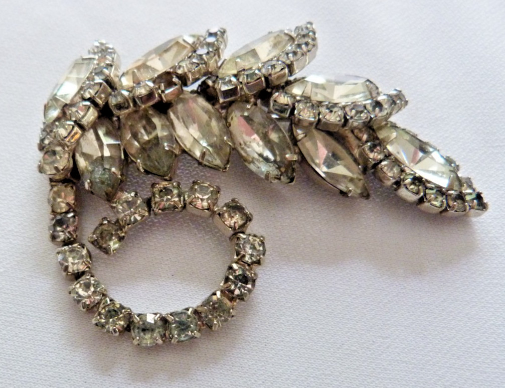 VTG Rhinestone Leaf Brooch 2 1/2 inches long “SEE DESCRIPTION”