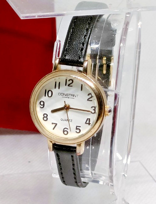 CONSTANT Women’s Gold Tone Black Leather Strap Quartz Watch – Working