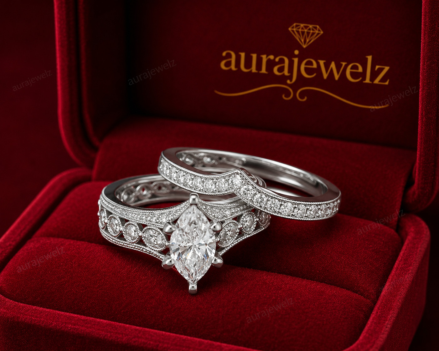 Marquise Cut Band 3TCW Moissanite Wedding Ring 14k White Gold Plated Bridal Set
