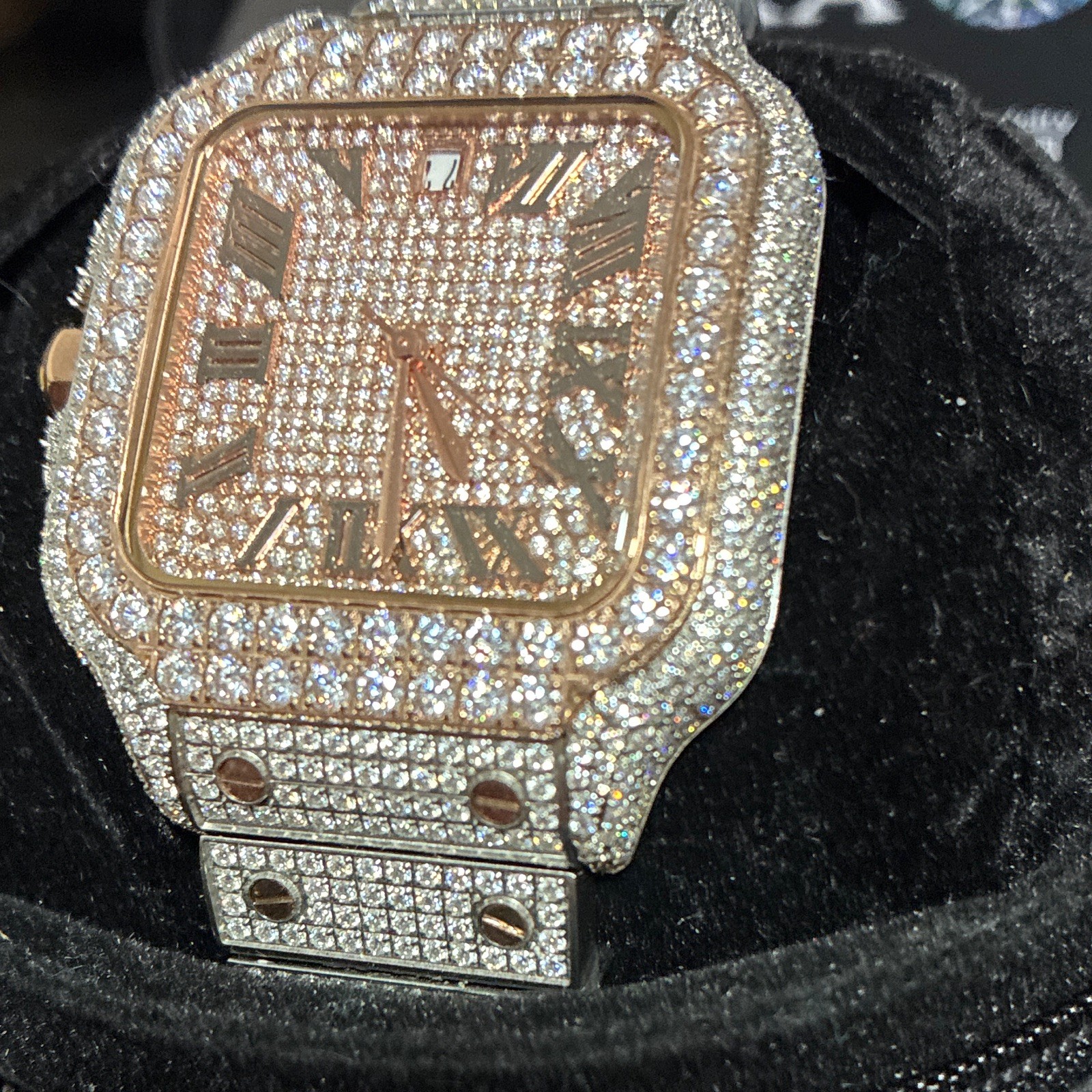 VVS1 Moissanite Iced Out Watch Silver/Rose w Sapphire Glass, Swiss made movement