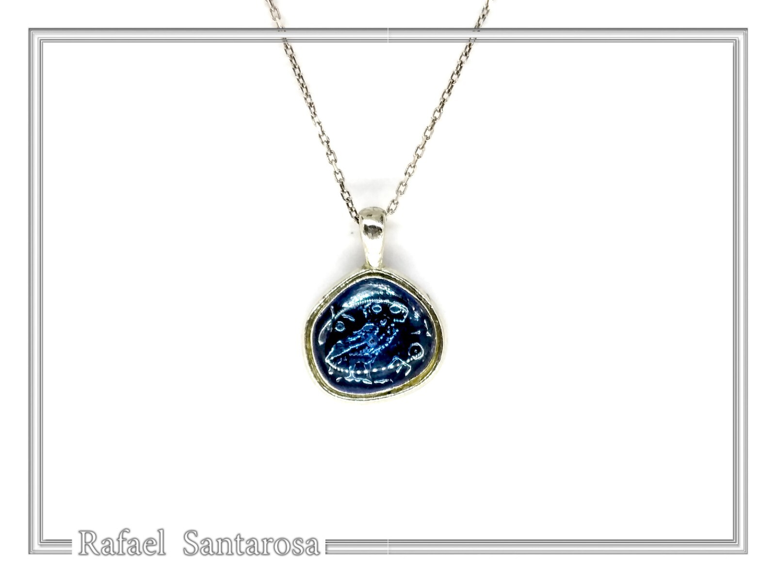 Athena Owl coin pendant blue enamel oxidized silver ancient Greek museum replica