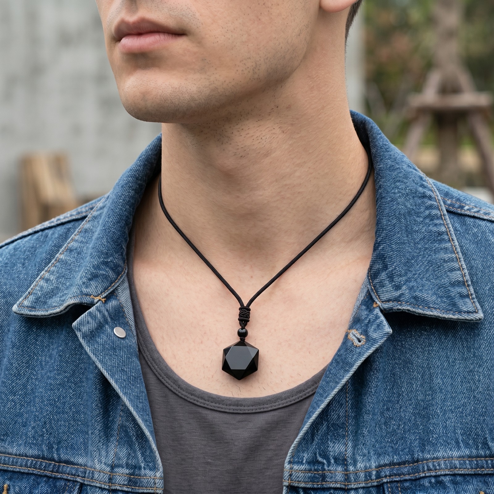 Natural Black Obsidian Star Pendant Necklace Adjustable Wax Cord Protection
