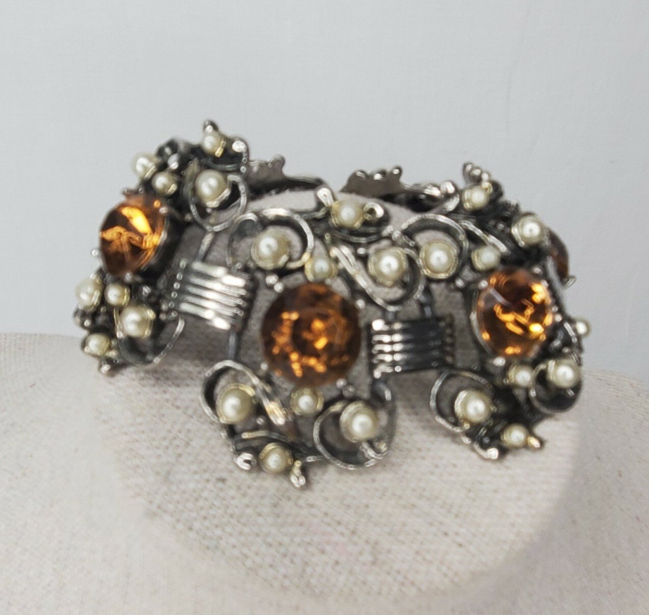 Vintage Panel Bracelet Silver Tone Faux Pearl Citrine Stones Chunky