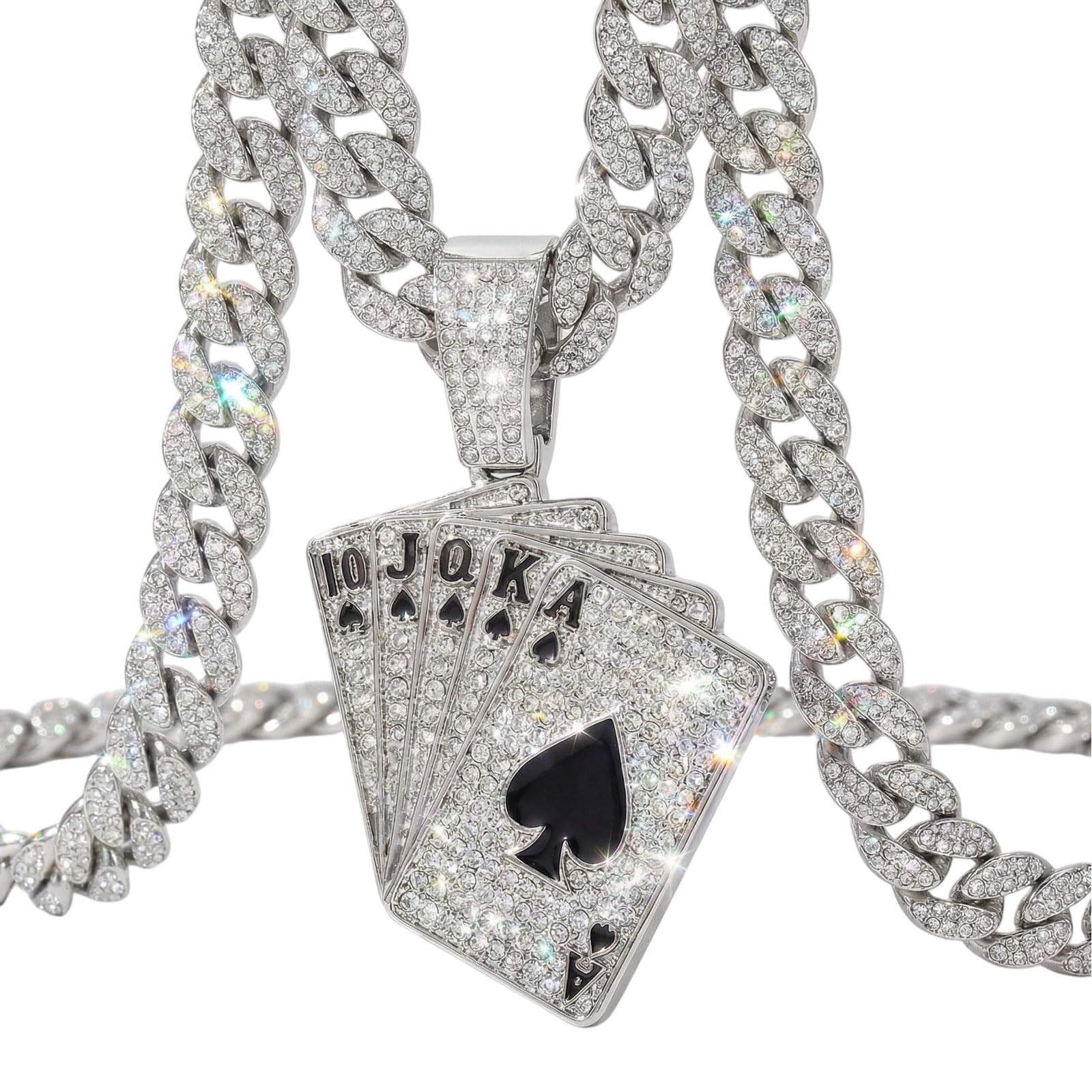 Iced Out Miami Cuban Link Chain with Royal Flush Playing Card Pendant, 20 inc…