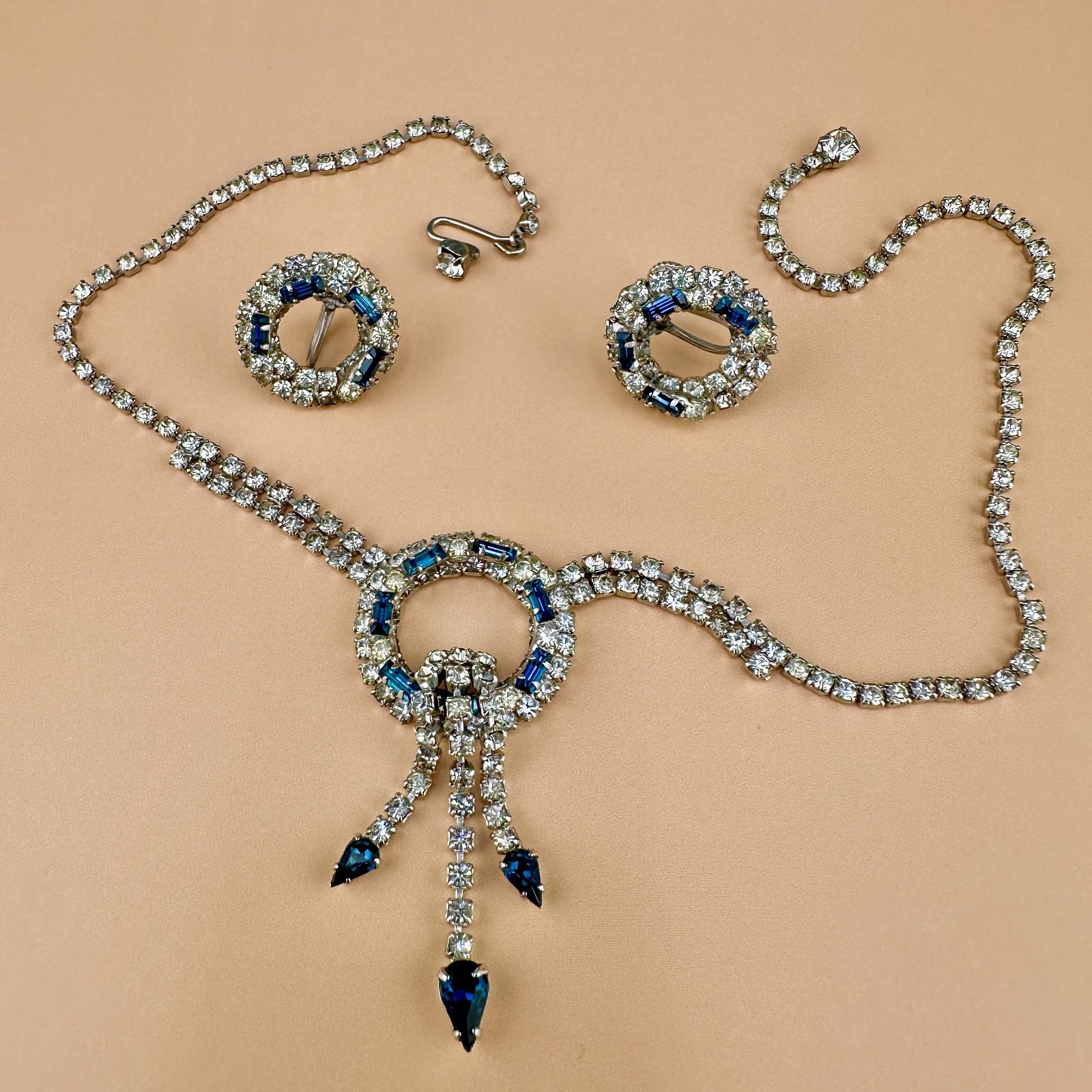 Vintage Rhinestone Necklace Earrings Set Blue Clear Circle Tassel Cup Chain