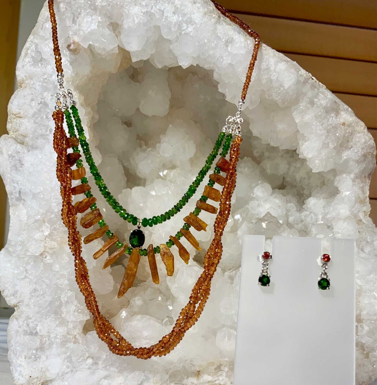 SS .925 SPESSARTINE KYANITE CHROME DIOPSIDE 3 STRAND NECKLACE EARRINGS