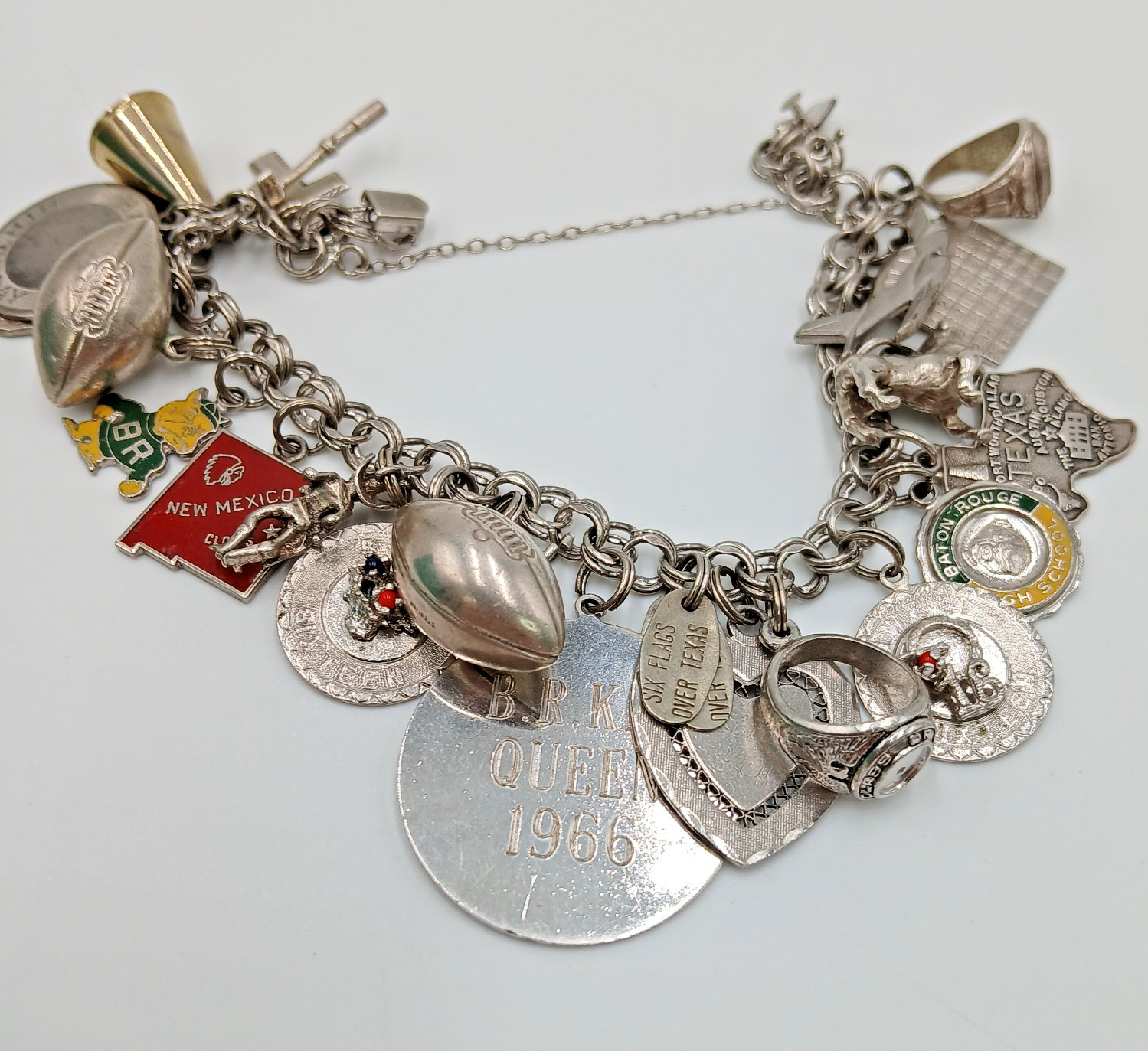 VTG 60s Charm Bracelet 8in Sterling Silver 70g JANE School Travel Faith South US