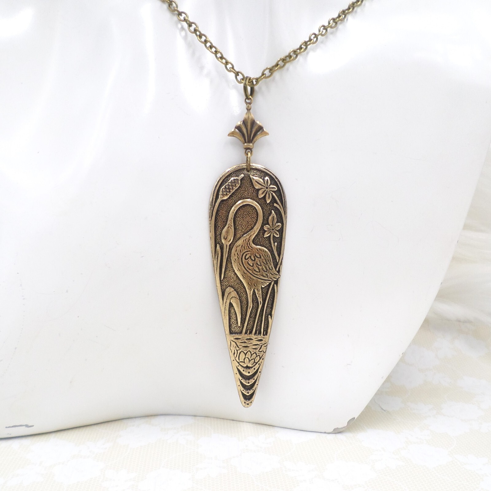 Antique Brass Heron Crane Pendant Necklace, Art Nouveau Bird Lover Gift Idea