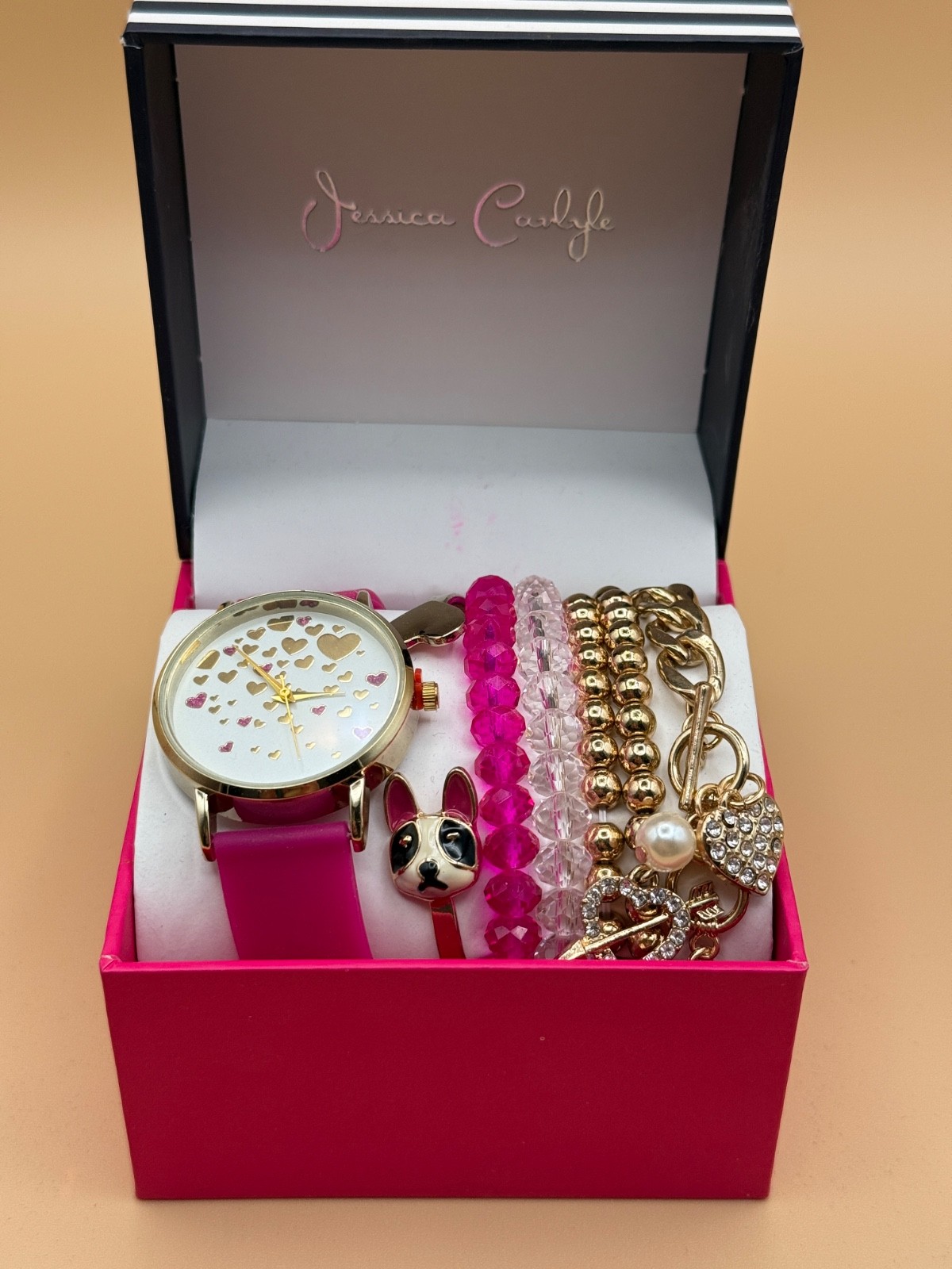 💖⌚ Jessica Carlyle Watch & Bracelet Set Pink Hearts Gift Box NEW