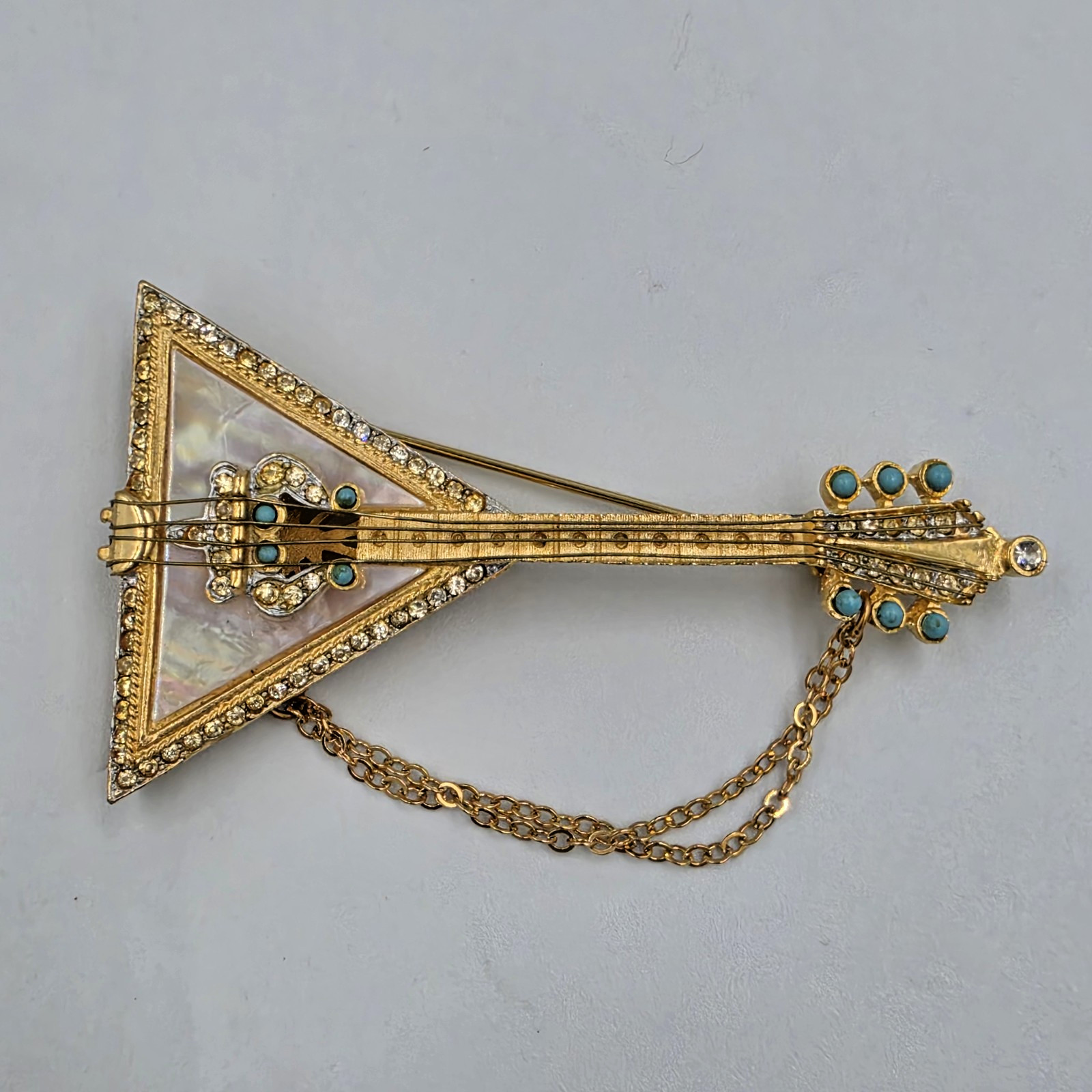 Beautiful Vintage R. Mandle Balalaika /Guitar Brooch Faux Pearl & Clear Stones