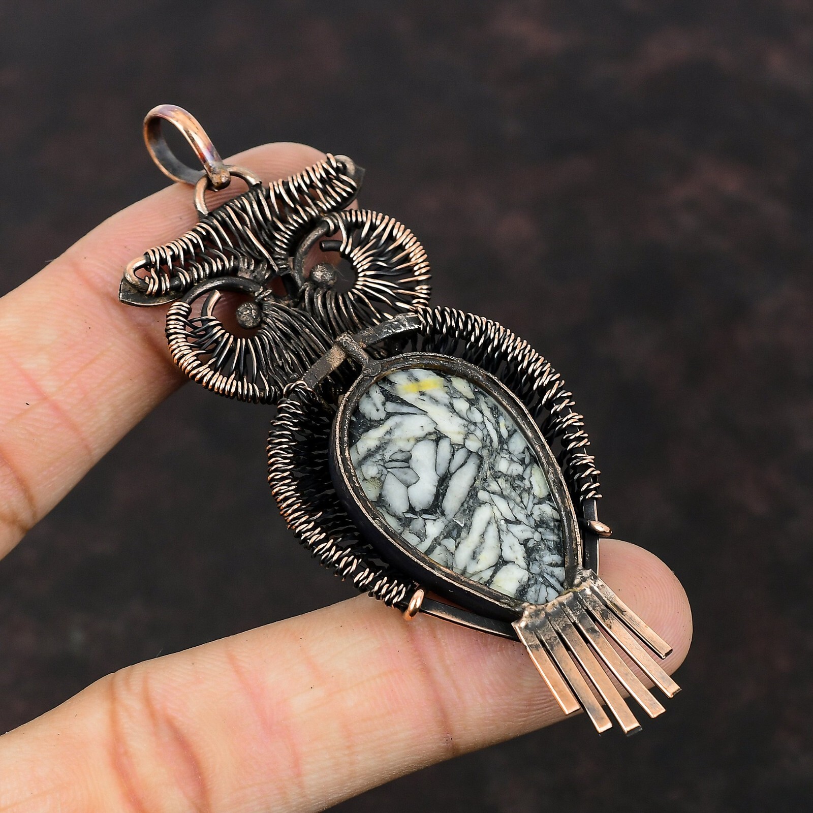 Pinolith Jasper Copper Gift For Bridesmaid Wire Wrapped Owl Pendant 3.35″