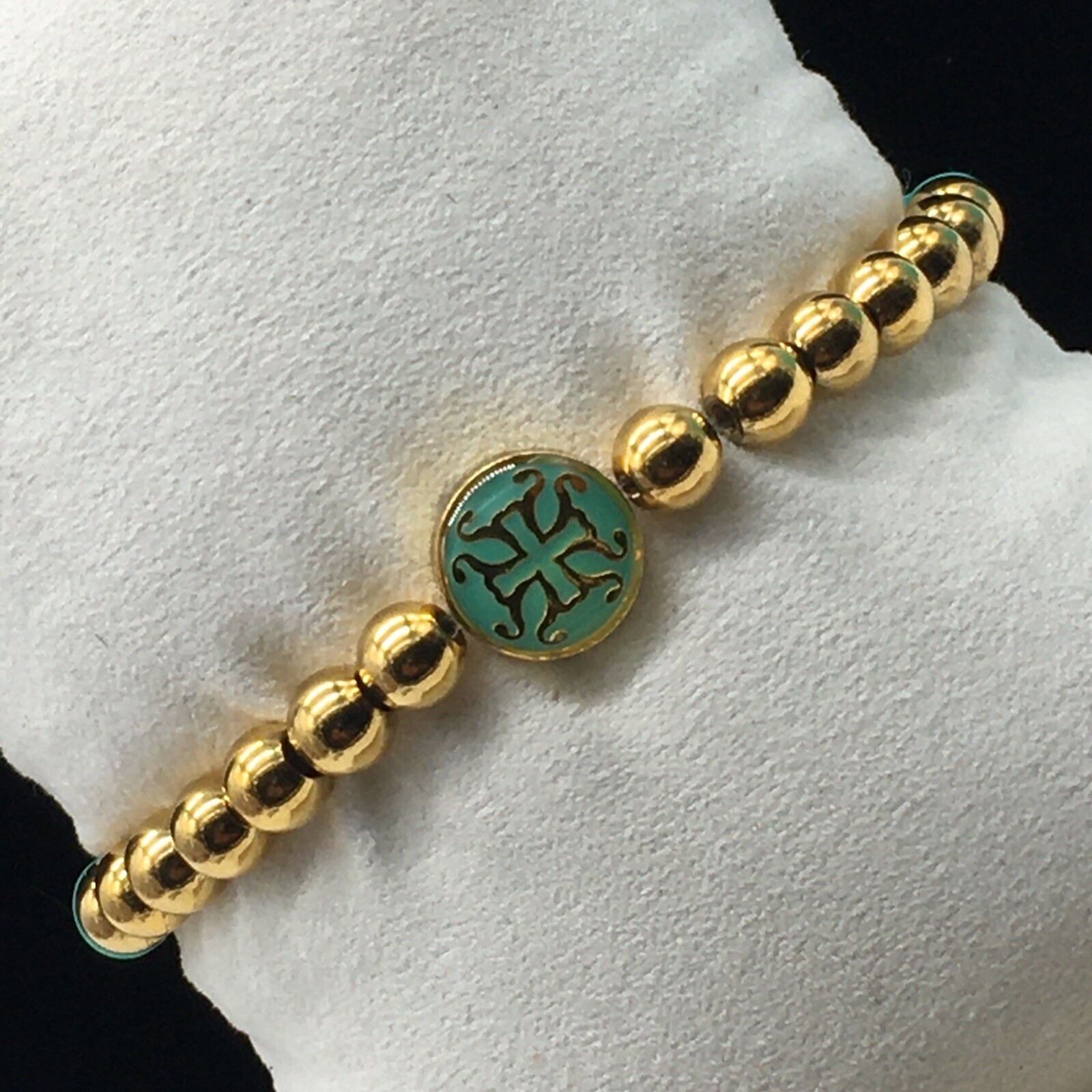 Rustic Cuff Mini Melanie Gold Tone Bracelet Teal Silicone Beaded Charm Logo